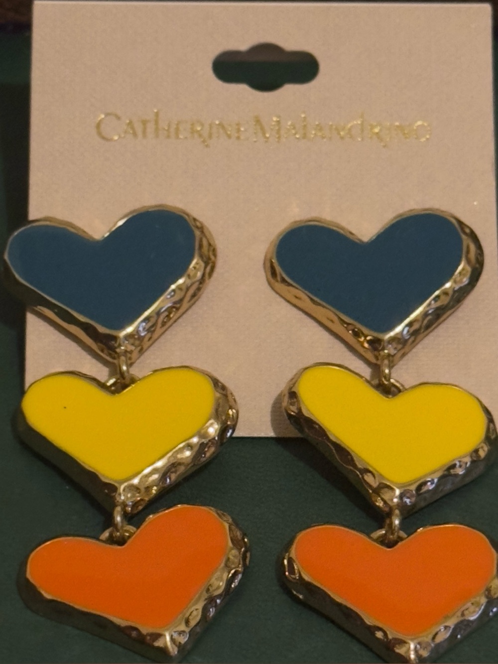 NWT Catherine Malandrino Multicolor Heart Drop Earrings - Blue, Yellow, Orange.